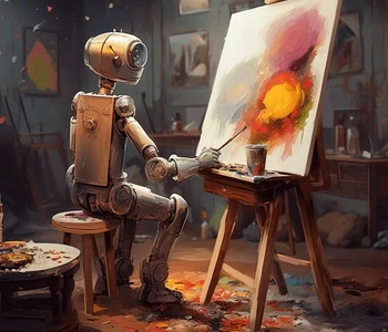 An imaginative scene with a robot artist painting on a canvas, embodying the concept of AI-assisted creativity. The robot, seated on a stool, holds a paintbrush, applying vibrant strokes of red and yellow to the artwork. Splatters of paint on the floor and palette indicate a flurry of activity. Text to the side reads 'Forget Content Invention Stress,' highlighting the ease of generating instant, ready-to-publish posts with AI, perfectly aligning with the innovative services provided by Story Inventory