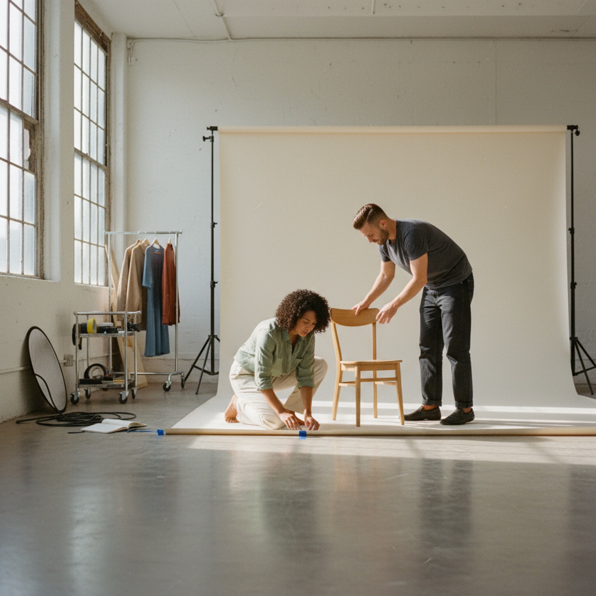 Ein Tageslichtstudio mit hohen Decken, neutralen Wänden und einem dezent ausgerollten Hintergrund. Jemand richtet sorgfältig eine Bodenmarkierung aus, eine andere Person ordnet Stühle an. Die Luft wirkt ruhig, konzentriert, bereit für die nächste Aufnahme. Der Raum erzählt von Planung und Präzision.