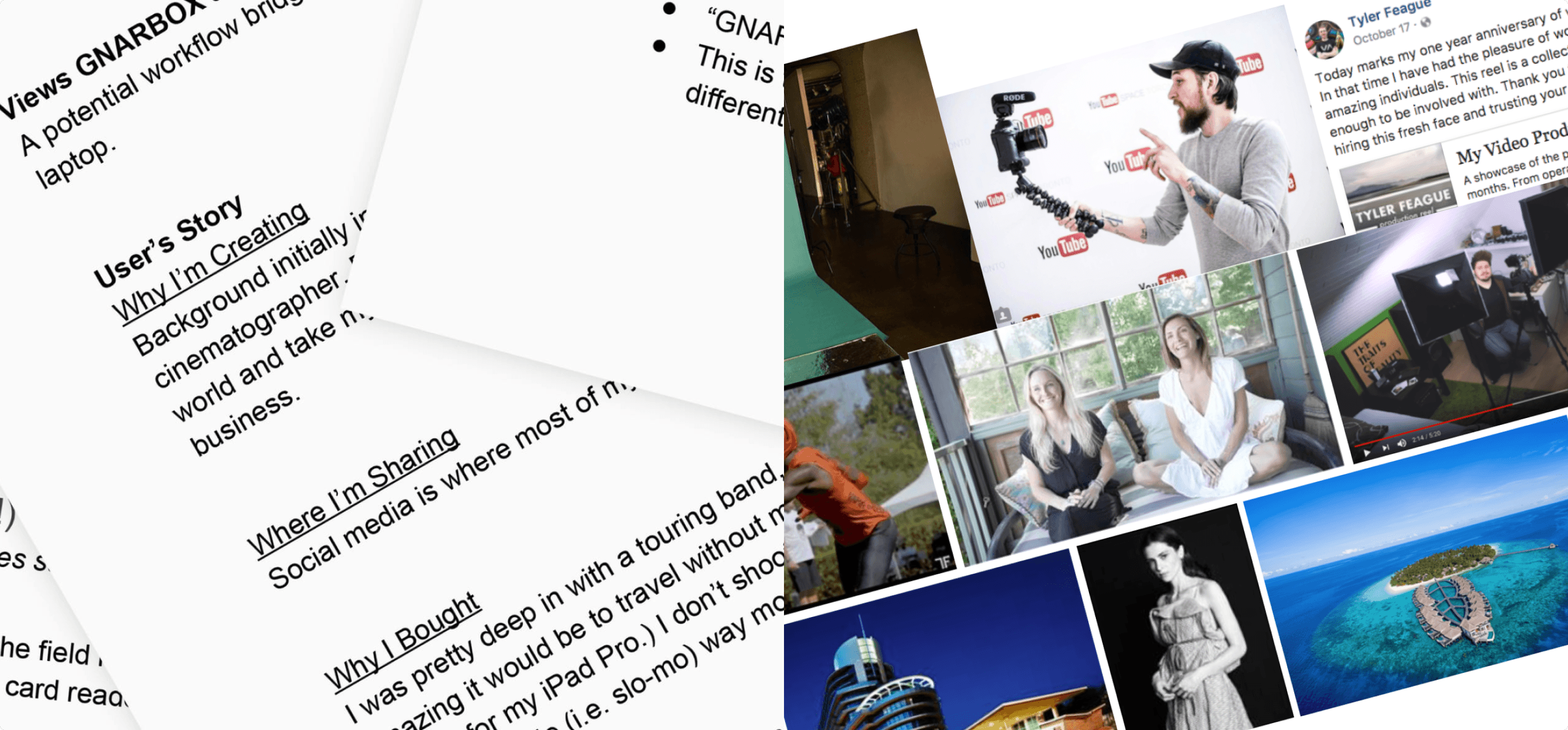 Collage of research documents, reflecting user research activities.