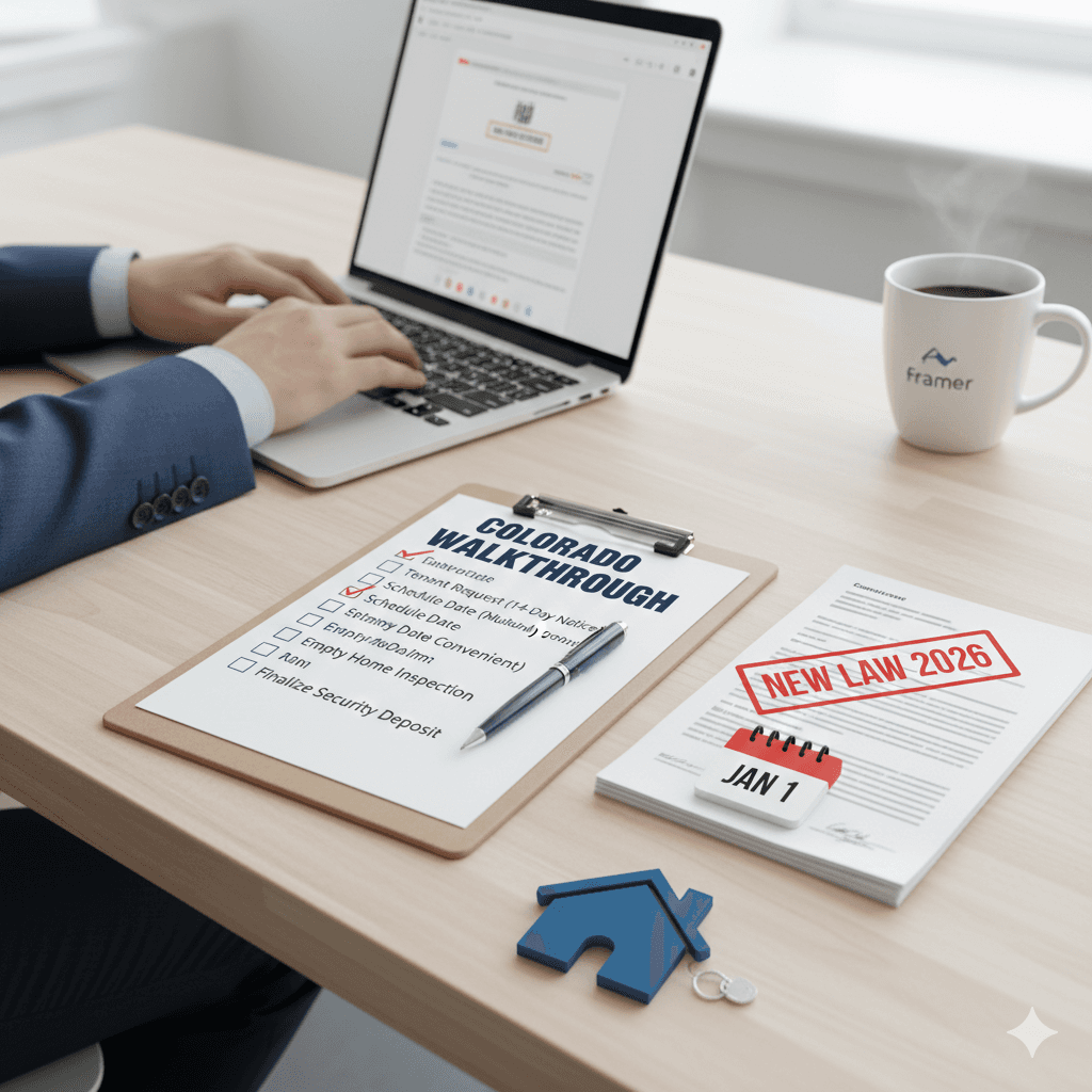 A desk with a laptop, a 'Colorado Walkthrough' checklist on a clipboard, and a document stamped 'New Law 2026' next to a January 1st calendar icon.