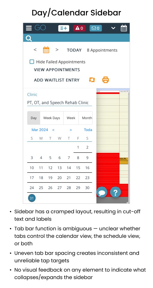 Screenshot of InsightGO's current mobile interface for the calendar sidebar
