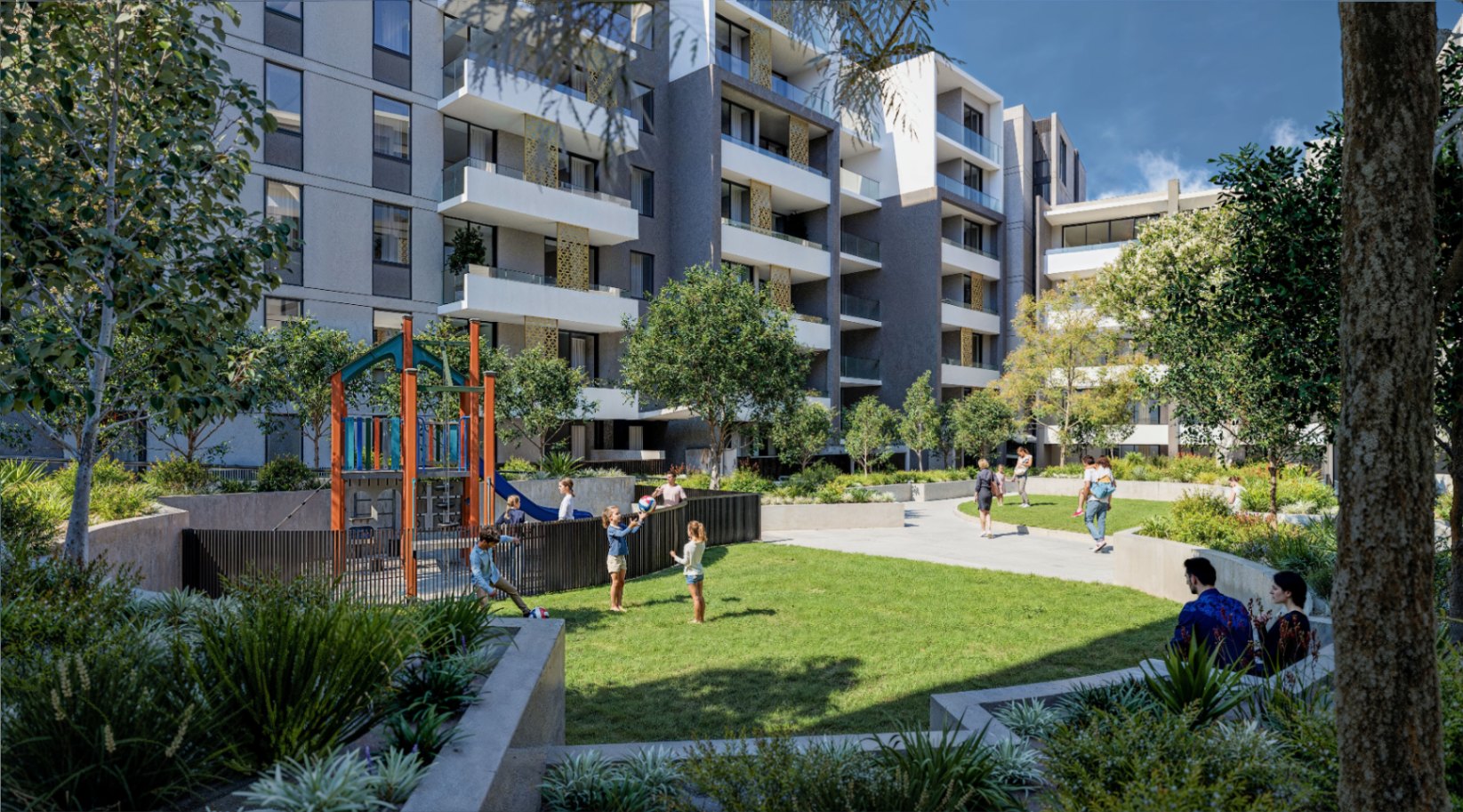 Residents enjoying a landscaped communal courtyard at Kew Tallawong with green open space, children’s playground, and family-friendly design.
