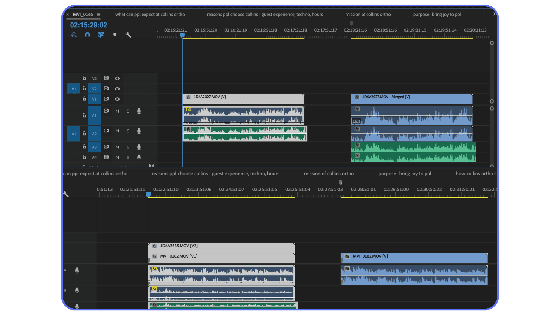 Long-form Premiere Pro timeline with interview audio clips split across sections and organized tracks