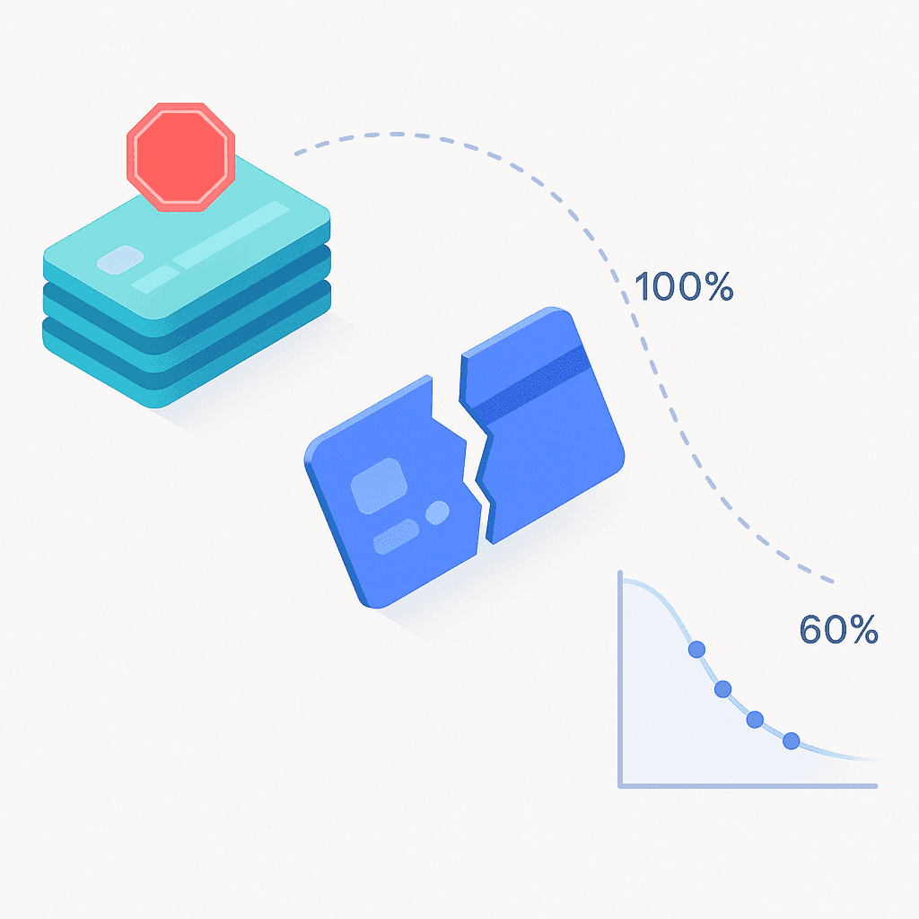 Diagram of three barriers—network limits, hard declines, diminishing returns—reducing payment recovery rates.