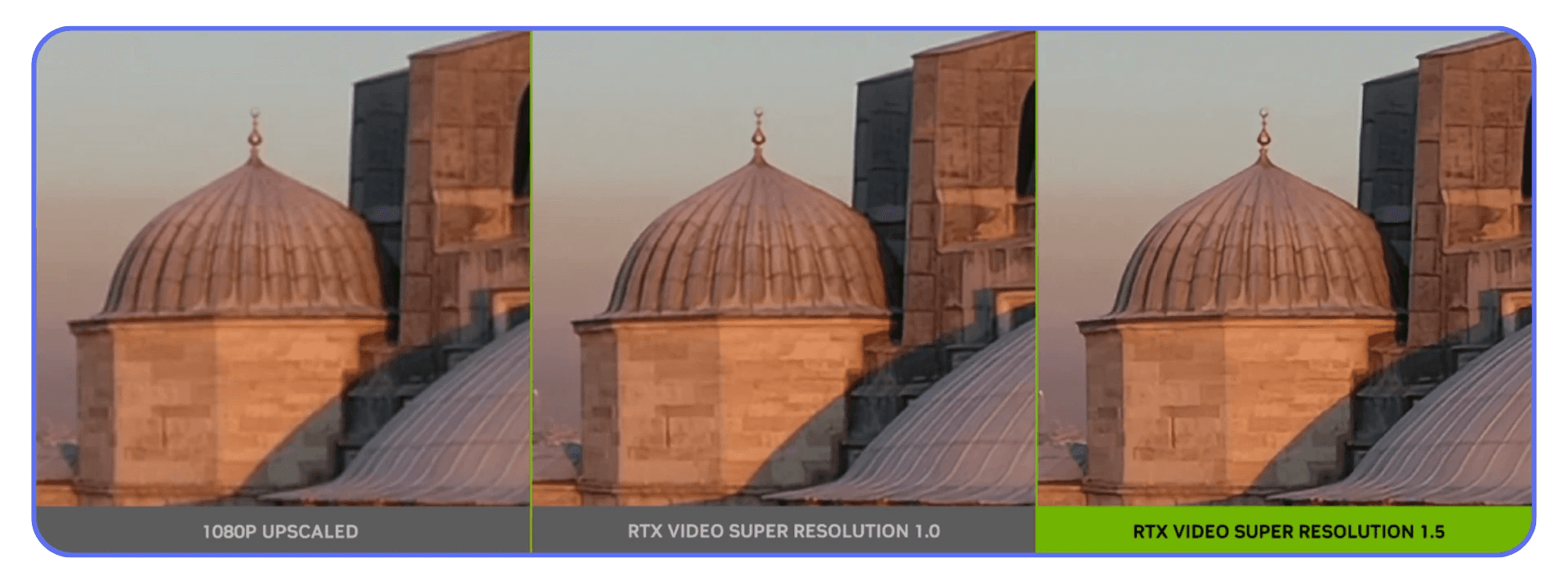 Side-by-side comparison of a dome image in 1080p upscaled, RTX Video Super Resolution 1.0, and 1.5 modes, illustrating how NVIDIA’s AI-powered upscaling enhances sharpness and detail during video playback in VLC Media Player with GPU acceleration.