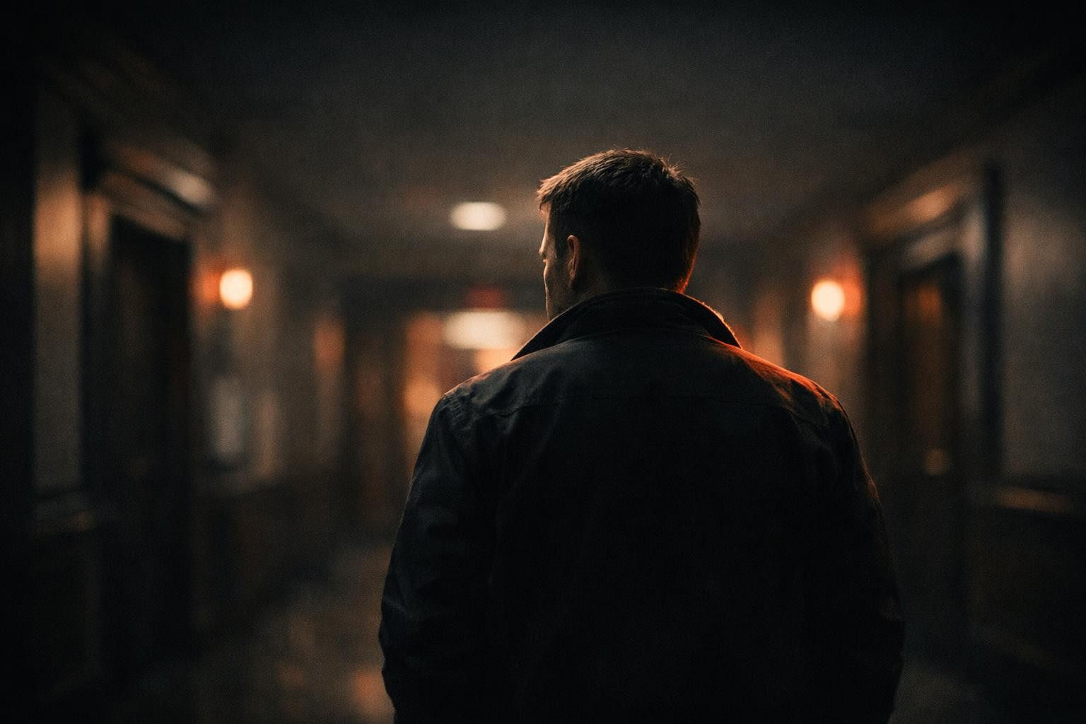 man walking down empty hallway