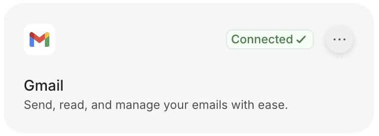 Card showing status of connected Gmail MCP with elipses