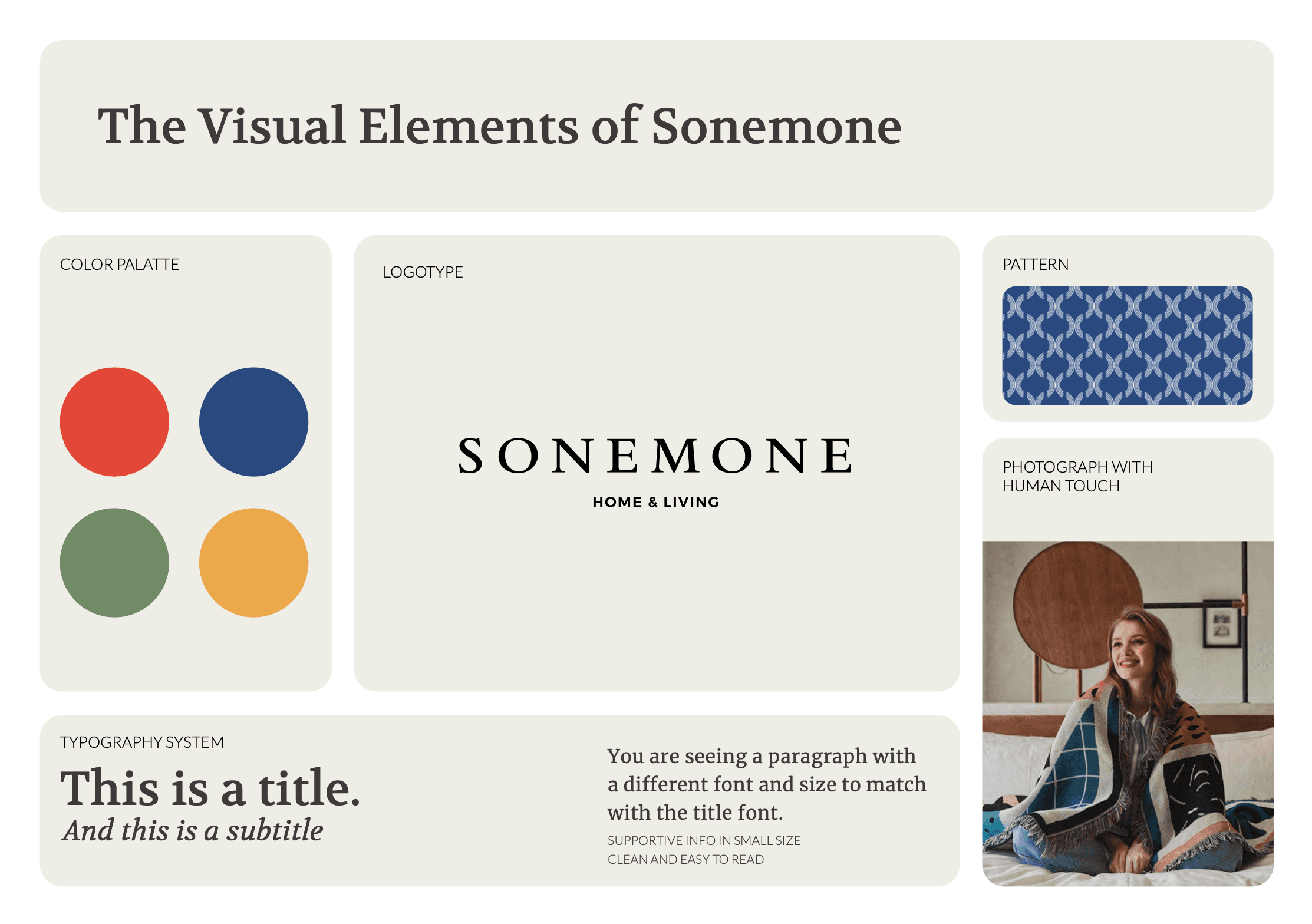 這張圖像展示了SONEMONE品牌簡易規範。包括品牌的標誌、色彩、圖紋、照片以及字體。
