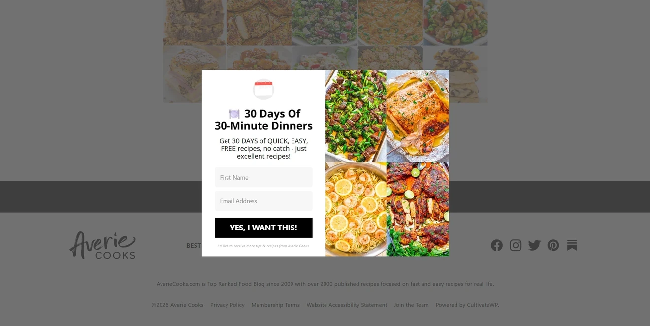 Averie Cooks evergreen newsletter popup offering 30 days of quick dinner recipes