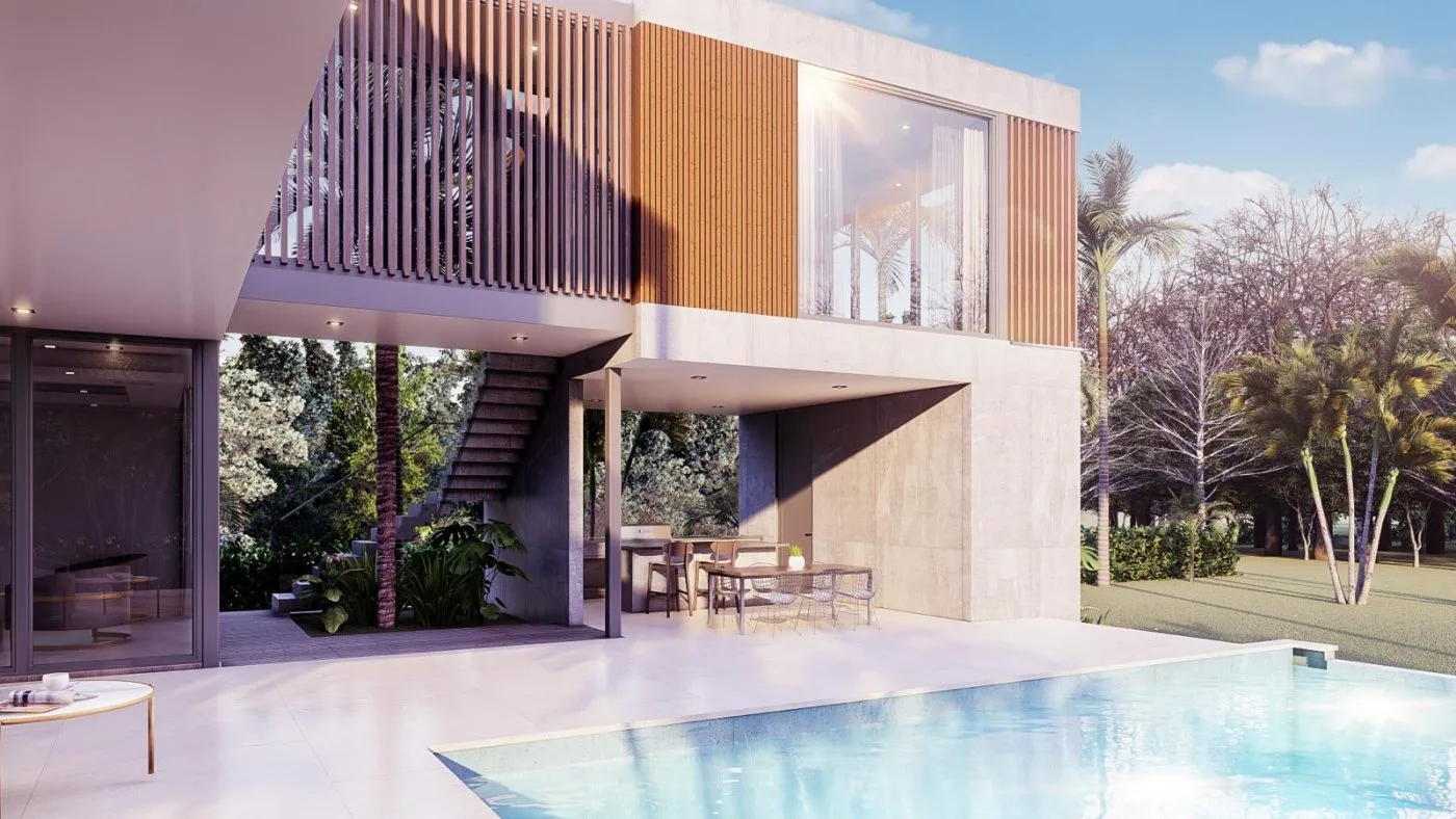 Rear exterior with private pool and covered outdoor kitchen, Meridian Avenue Miami Beach