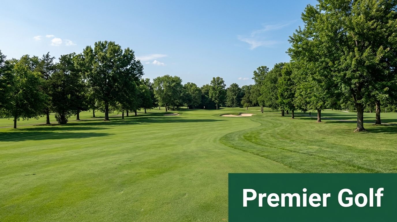A wide, scenic view of a lush green golf course fairway surrounded by dense, mature trees.