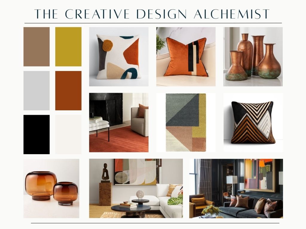 Cushions and vases in varying shades of earthy tones and abstract geometric patterns are showcased alongside a modern living room interior featuring contemporary art and amber glass vases.