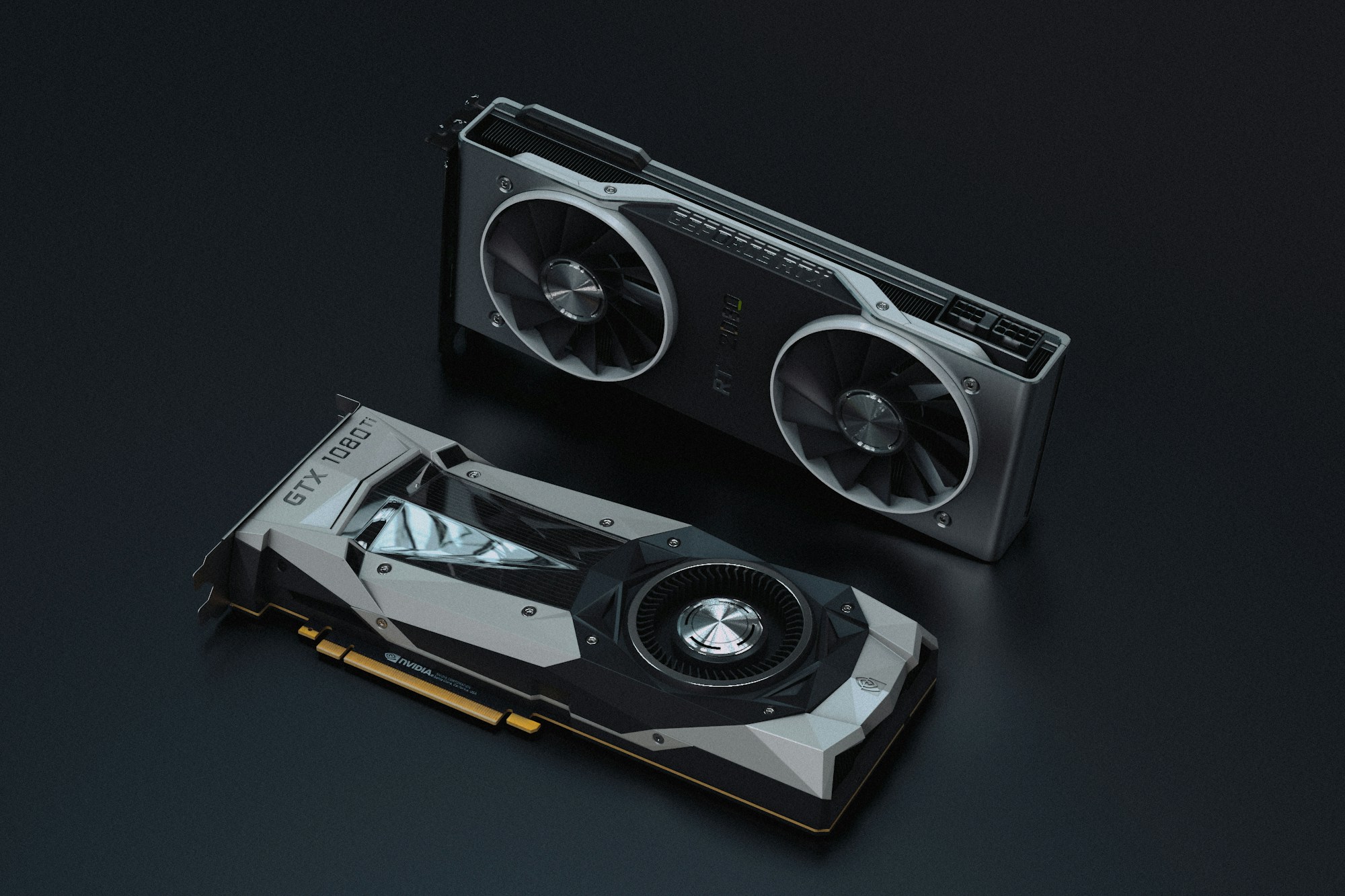 Two NVIDIA graphics cards on a dark background