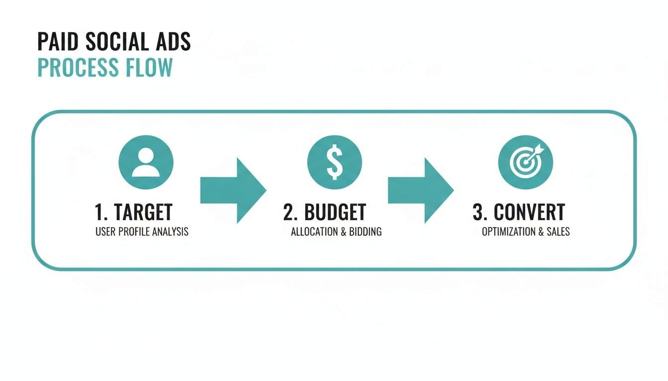 Infographic illustrating the 3-step process flow for paid social media ads: Target, Budget, Convert.