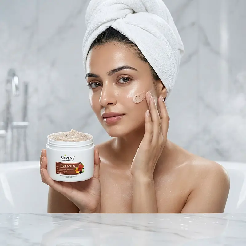 In a luxurious bathroom setting, a woman with a towel wrapped around her head applies facial scrub from a white jar labeled "Fruit Scrub," embodying lifestyle product photography.