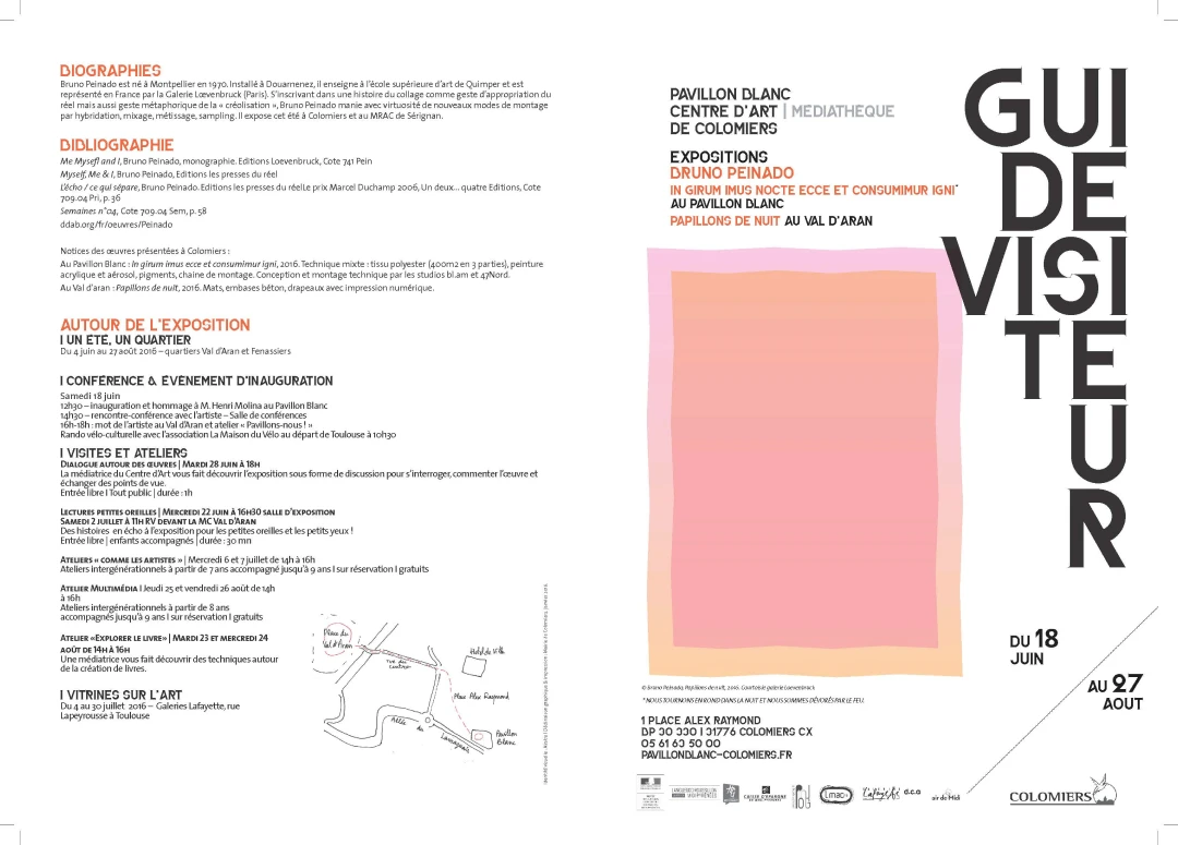 Guide visiteur déplié à plat pour l'exposition Bruno Peinado au Pavillon Blanc de Colomiers — mise en page éditoriale sur fond blanc avec hiérarchie typographique forte, Tartelette Concept
