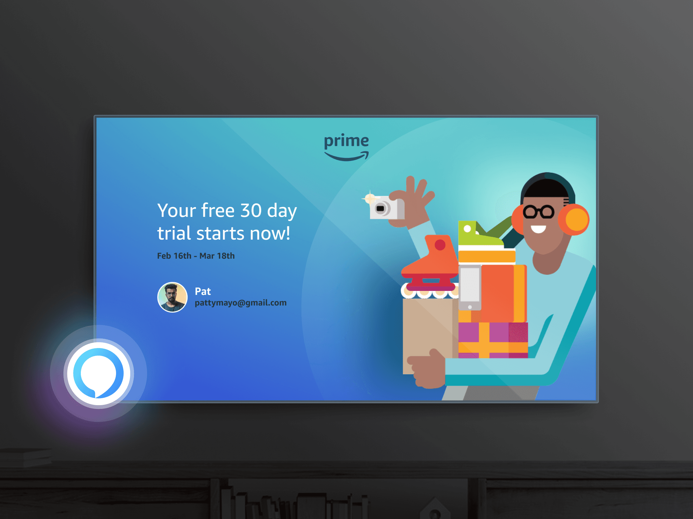 A television showing an interactive ad for Amazon Prime with glowing Alexa icon.