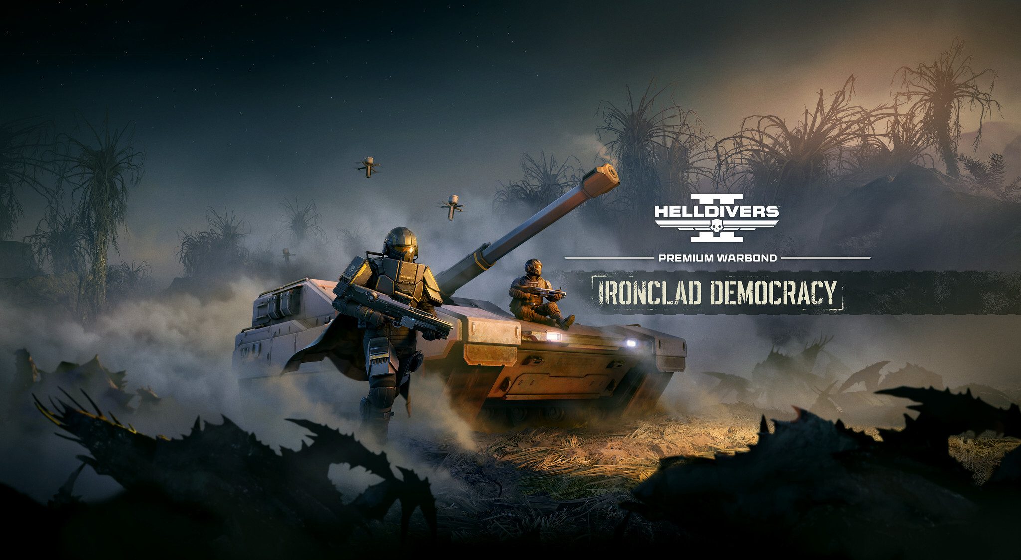 Helldivers 2 Ironclad Democracy artwork showing soldiers beside a tank