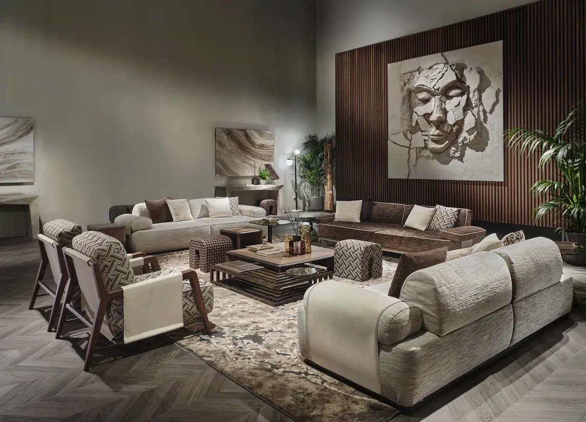 Luxury contemporary furniture showroom featuring italian modern sofas, handmade poufs, and exclusive interior design by top italian luxury furniture manufacturers.