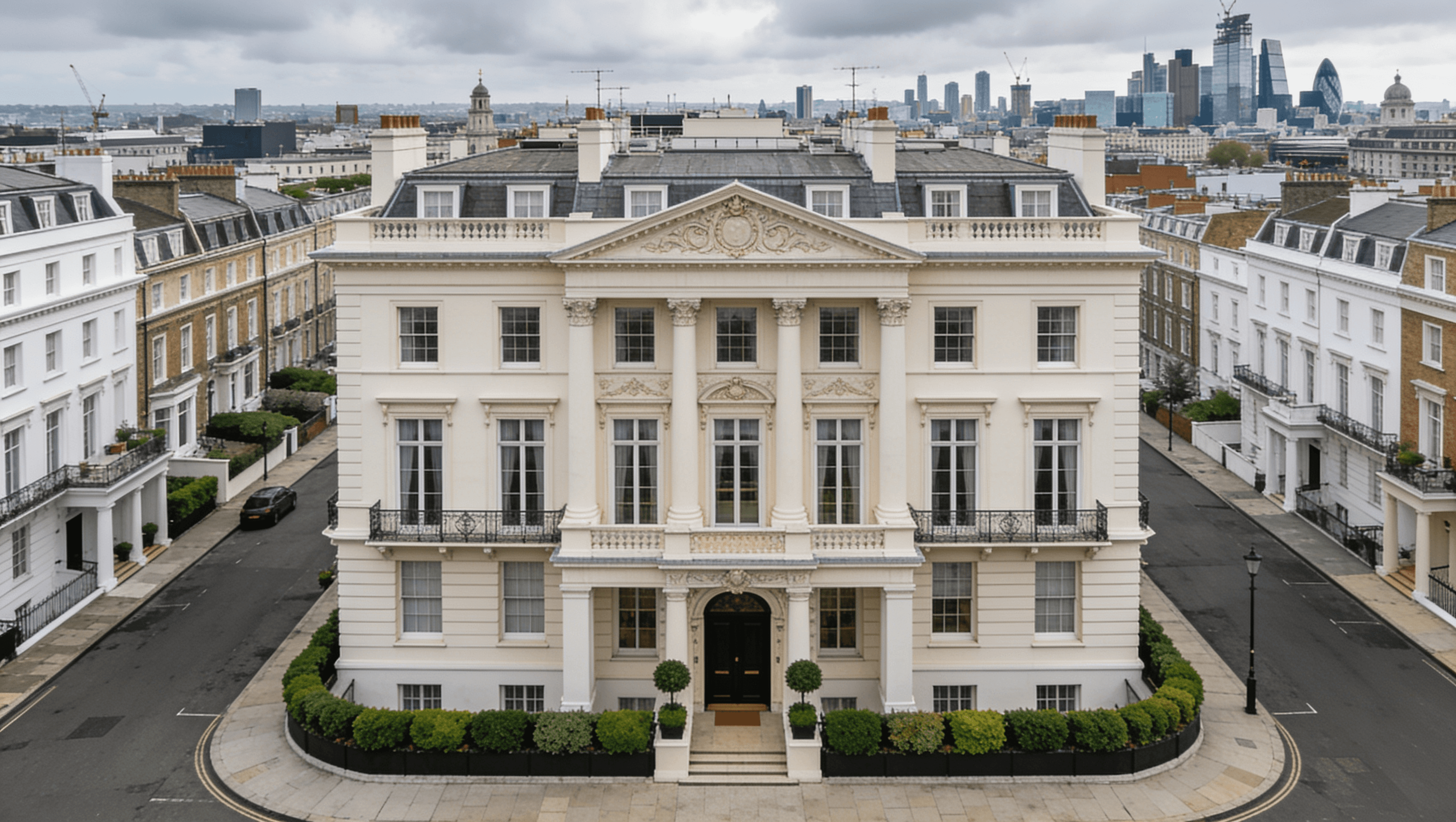 A grand neoclassical building in an upscale urban area, surrounded by townhouses and a city skyline in the background.