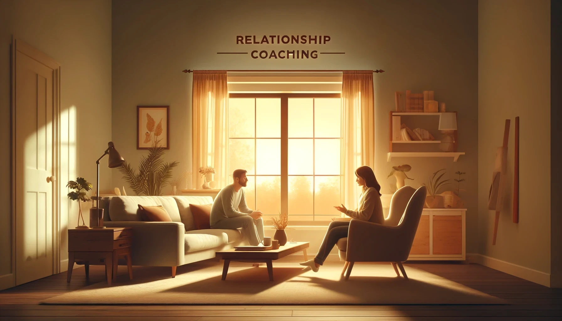 Couple engaging in a relationship coaching session in a warmly lit, cosy living room, symbolising personal growth and stronger connections