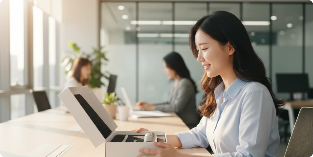 웰컴키트를 여는 신규 입사자의 모습