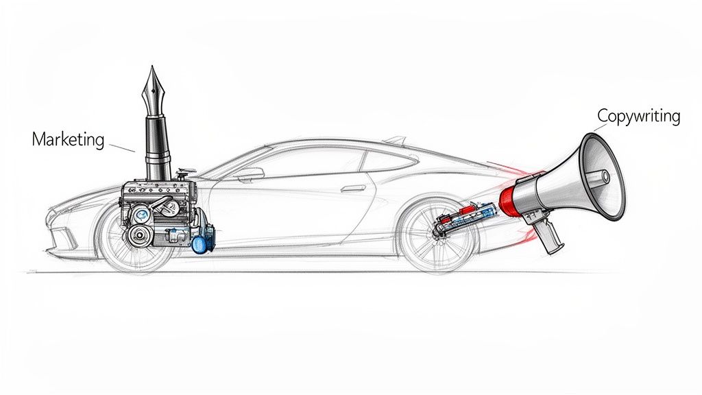 A car sketch where a fountain pen engine represents Marketing and a megaphone exhaust symbolizes Copywriting synergy.