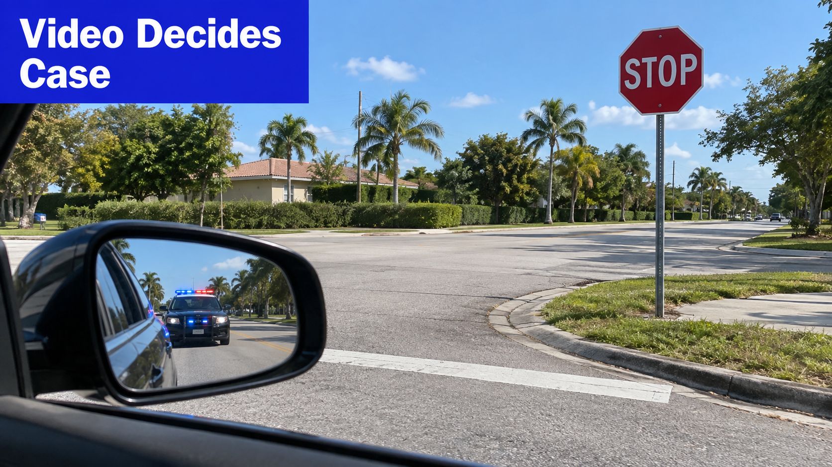 A view from a car window showing a stop sign and a police vehicle approaching behind.