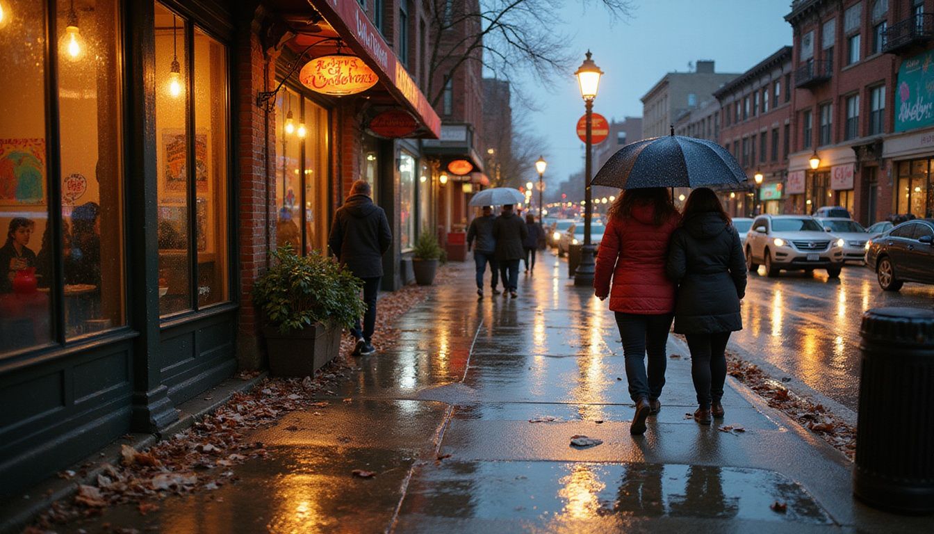 A rain-soaked urban street in Downtown Toronto after sunset.