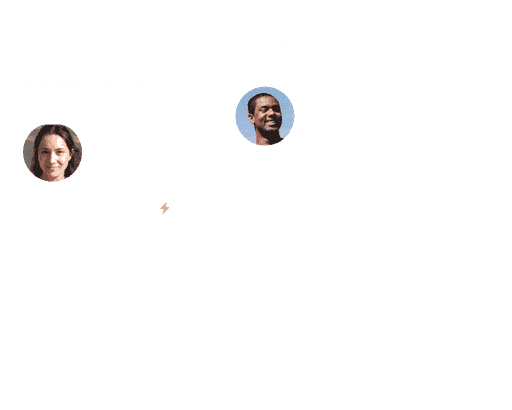 A side by side image of two panels containing social media information for two people including their headshots – Marlene Sanchez, CEO at Acme Ventures and Perry White, Marketing Director at Acme Ventures