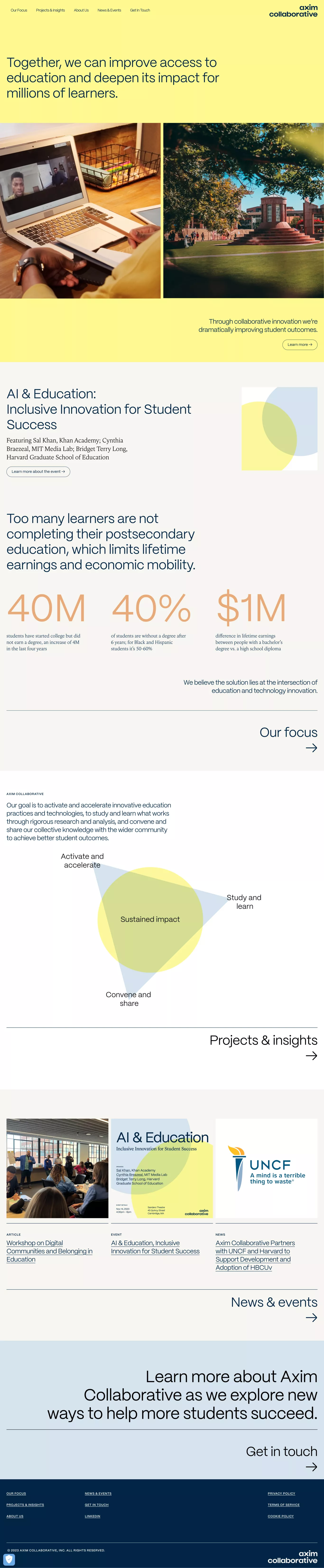 Axim Collaborative landing page screenshot showcasing Tech and Education design