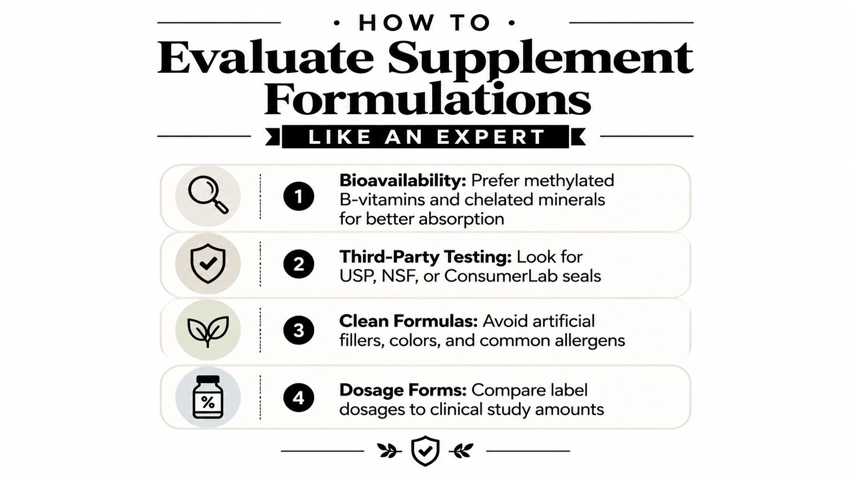 An infographic titled How to Evaluate Supplement Formulations explaining four key criteria for choosing quality vitamin supplements.