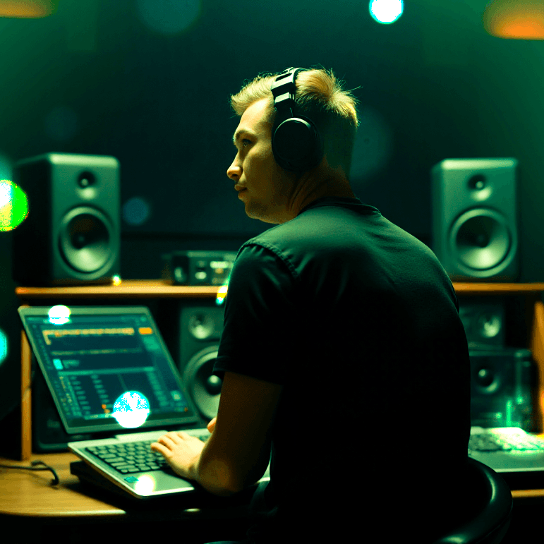 A person wearing headphones sitting in a professional studio, working on a laptop with an audio editing interface, surrounded by speakers and equipment, under a greenish ambient light.