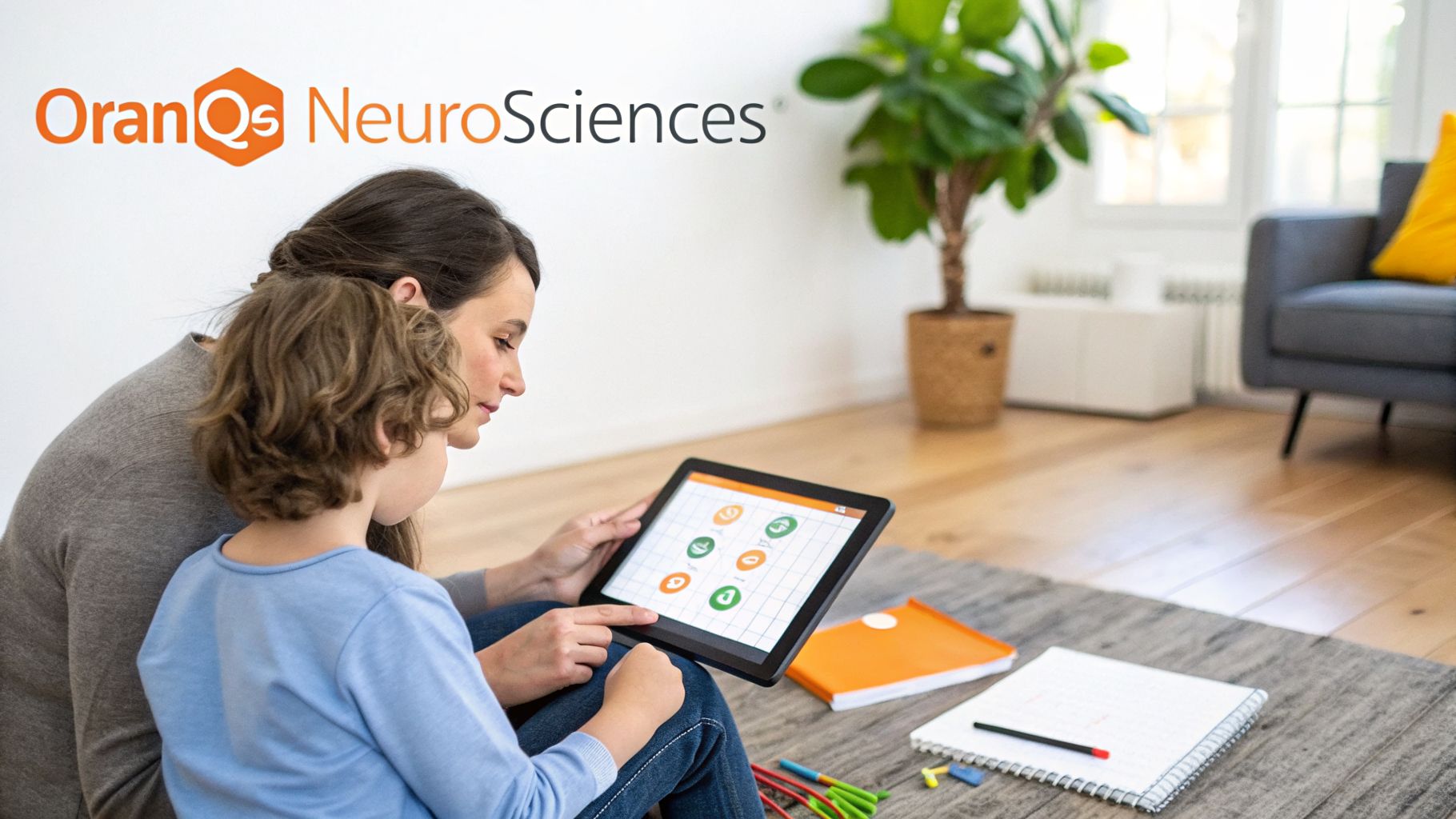 A woman and a child engaged in an educational game on a tablet device.