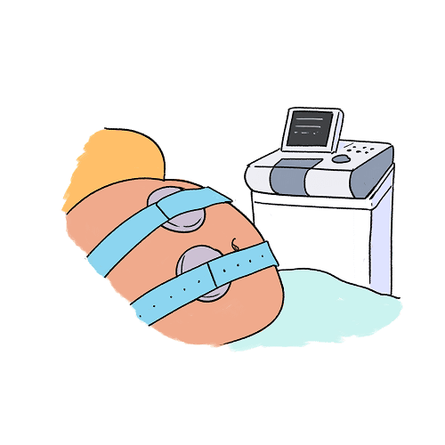 An illustration of a machine next to a pregnant person's belly. There are pads placed on the belly, held down by straps. These pads give readings to the machine wirelessly..