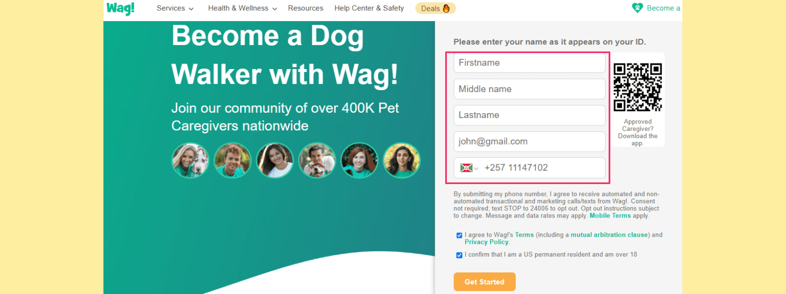 login page of wag