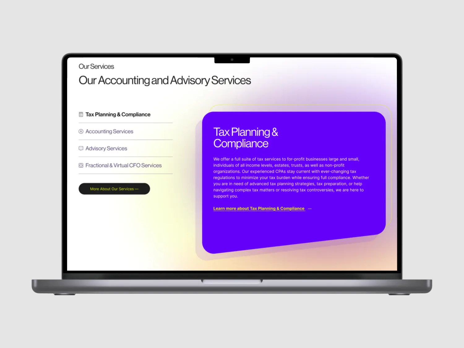 A laptop displays a colorful webpage with a large purple card and navigation menu on a dark background.