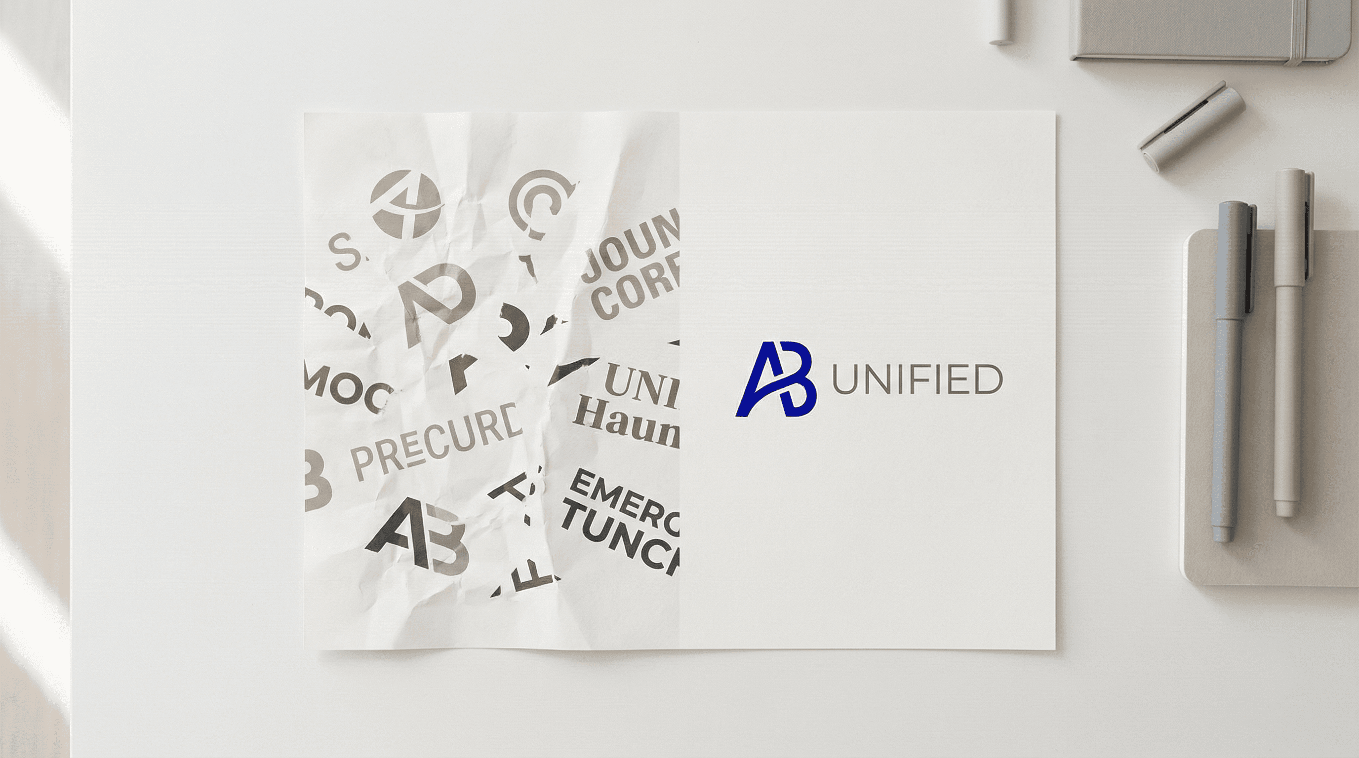 Brand inconsistency — fragmented logos versus a unified brand mark on a clean white desk surface