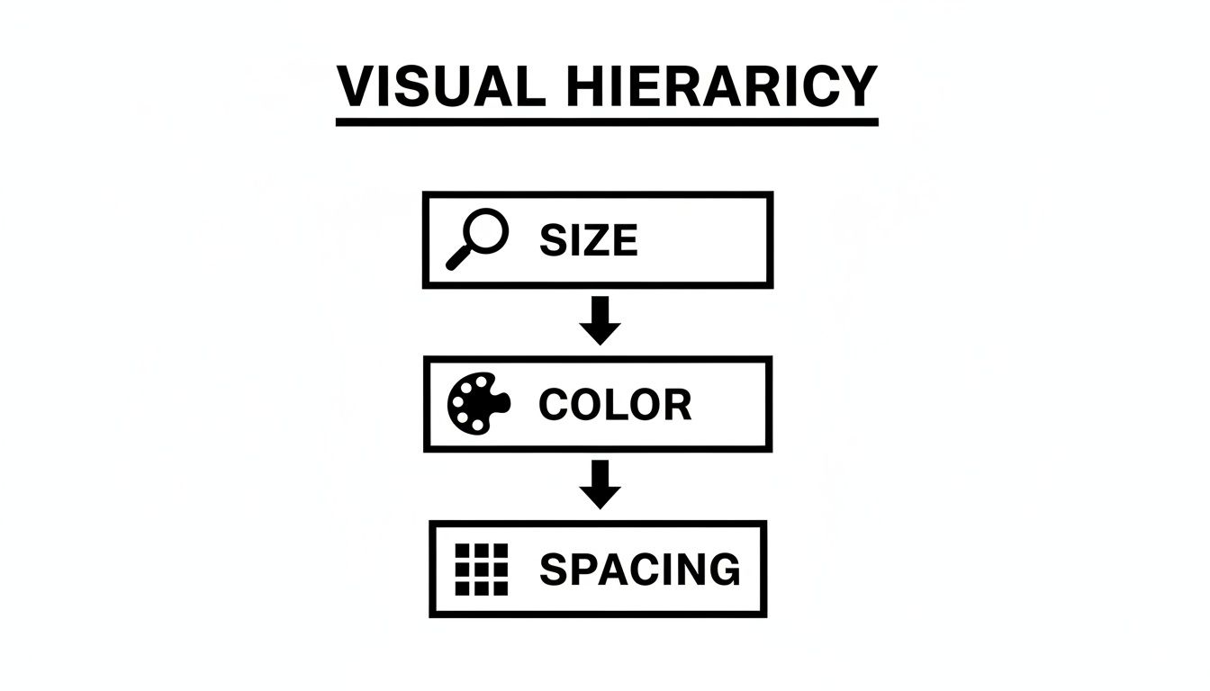 A diagram illustrating visual hierarchy principles: size with a magnifying glass, color with a palette, and spacing with a grid, connected by downward arrows.