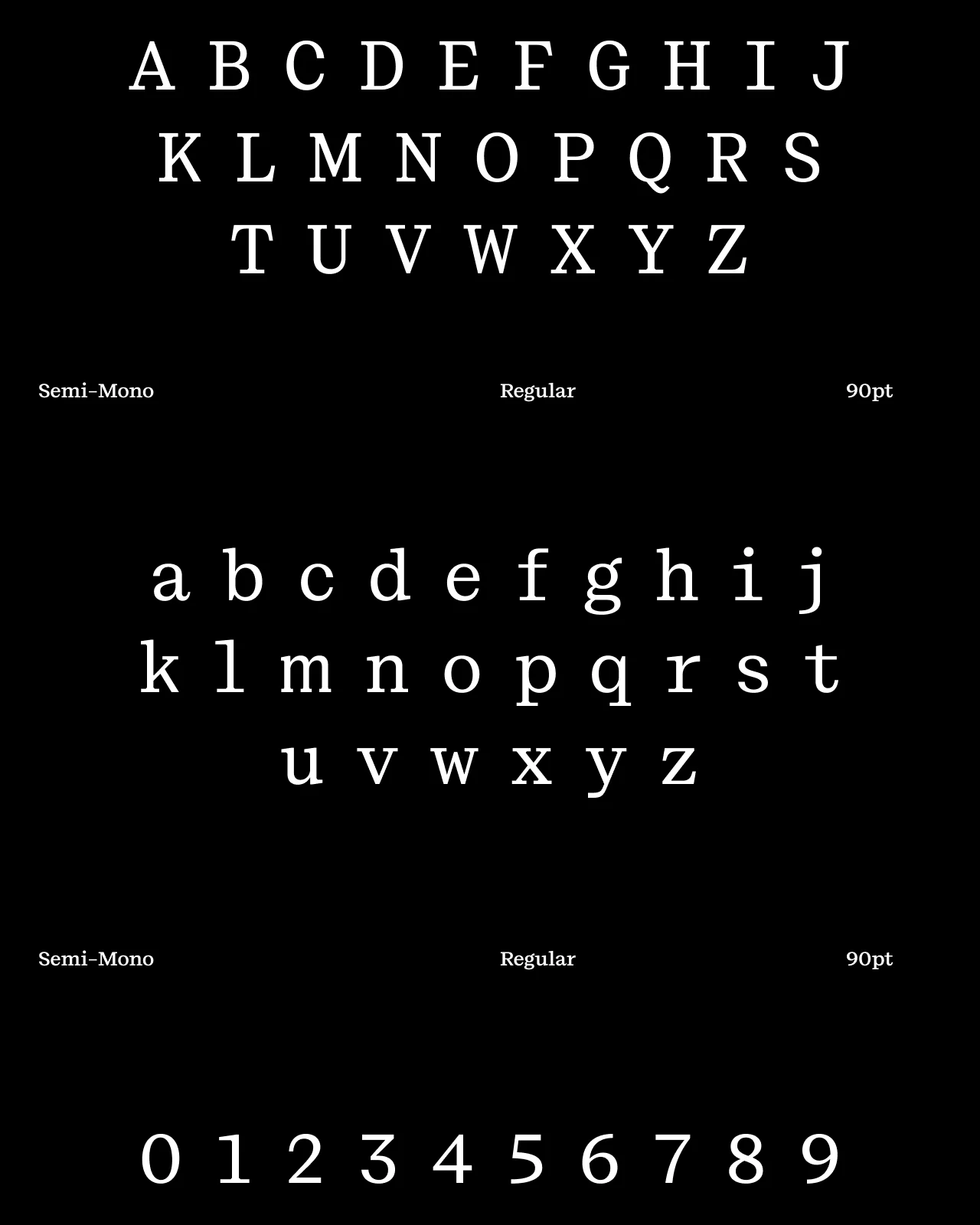 Alfold Semi-Mono alphabet specimen showing full uppercase and lowercase set