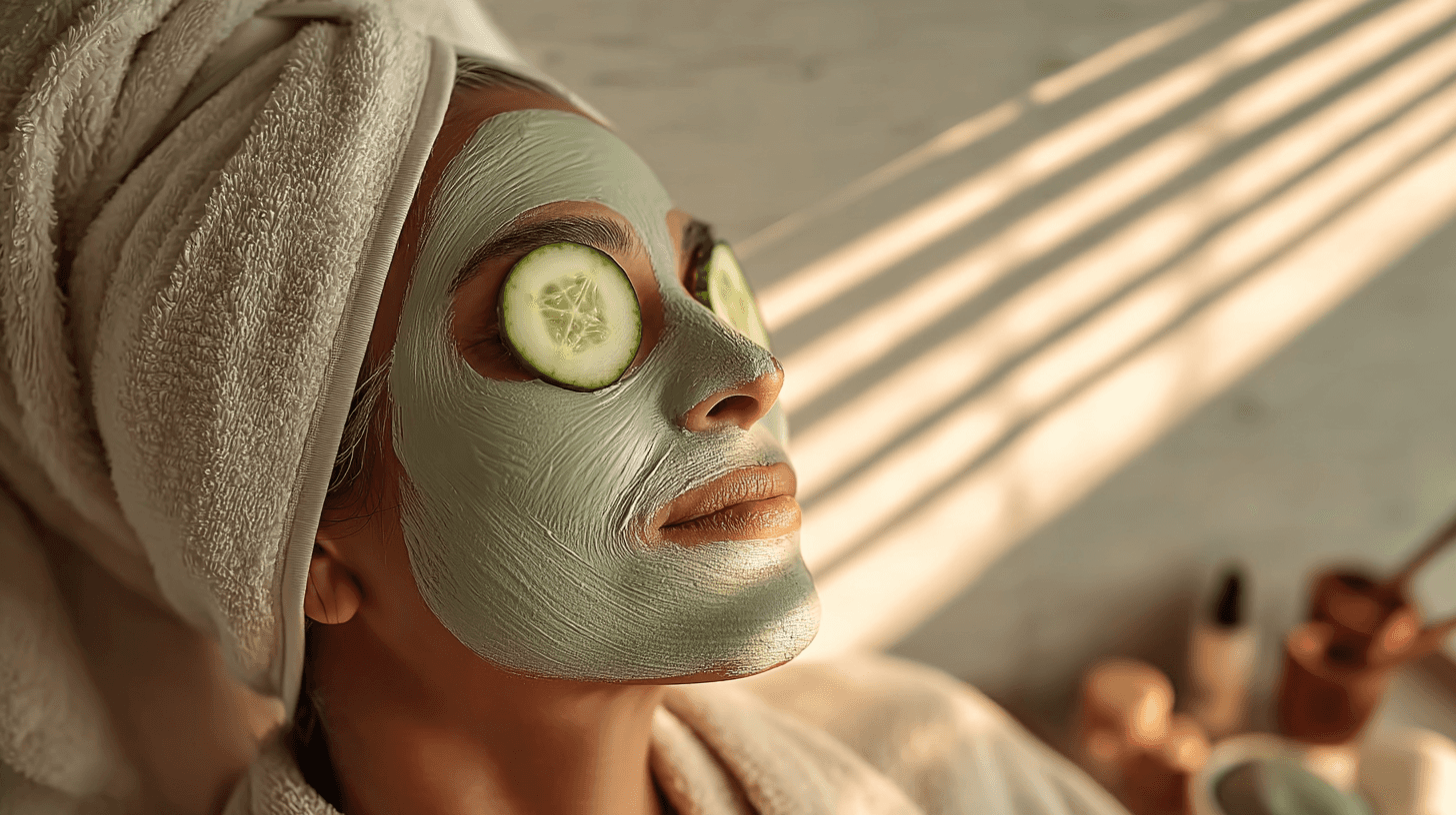 A woman lying down with a towel wrapped around her head, her face glowing with facial oil. She has a peaceful expression, enjoying a skincare treatment.