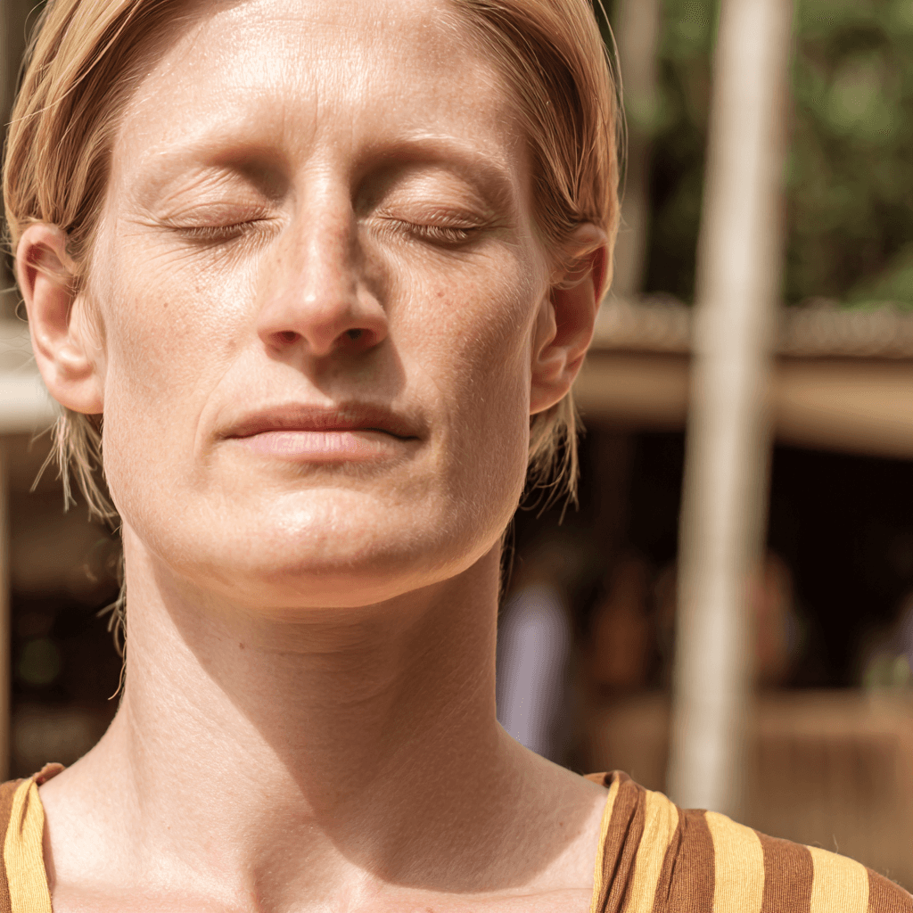 Portrait of a freckled woman with closed eyes in sunlight