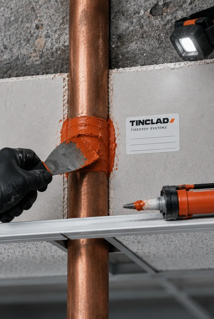 Firestop sealant around a pipe penetration