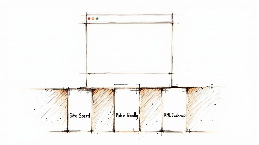 An illustration showing the structural foundation of a website with gears and code elements, symbolizing technical SEO.