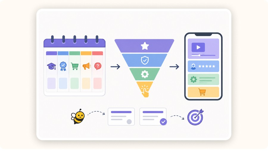 Minimal funnel workflow illustration with calendar, content planning, and mobile marketing.