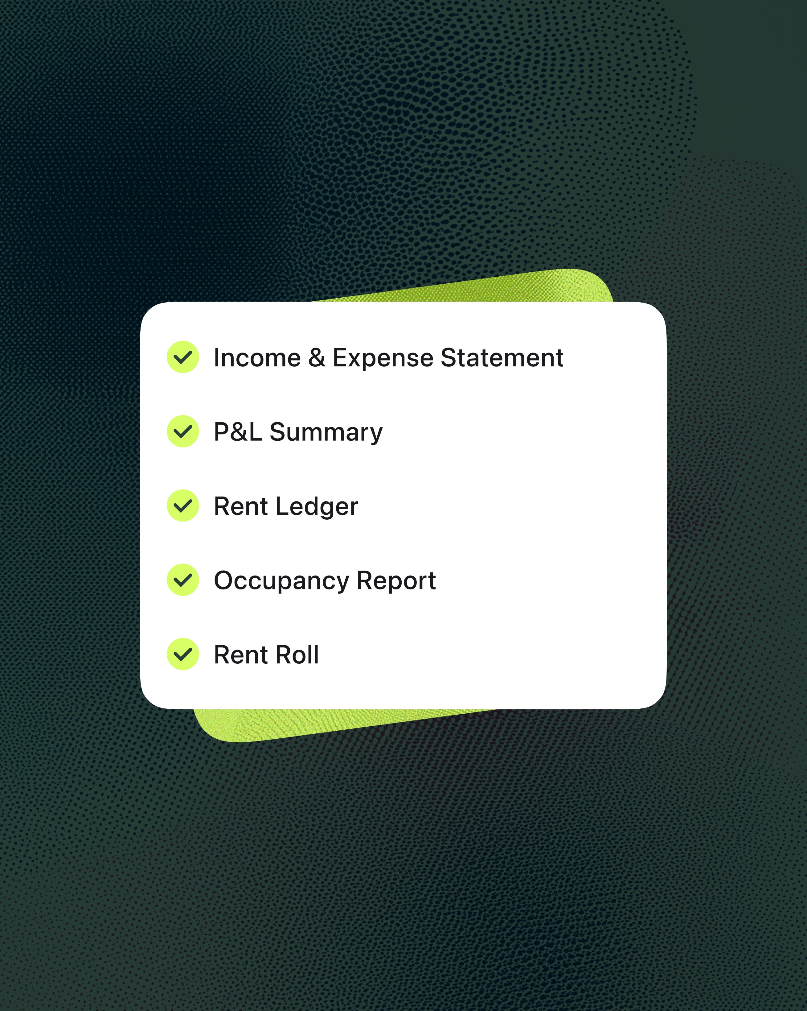 August reports list on mobile showing Income and Expense Statement, P&L Summary, Rent Ledger, Occupancy Report, and Rent Roll with green check marks