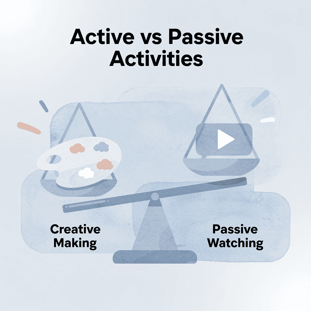 Balance scale comparing active creative hobbies versus passive activities