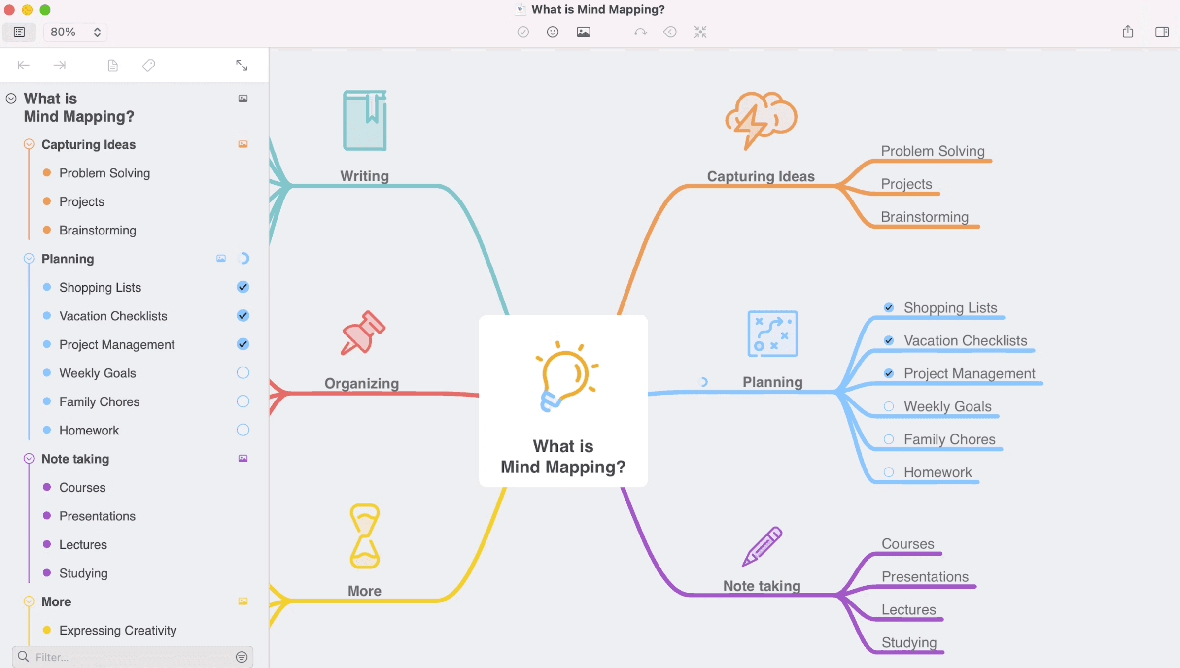 MindNode interface showing a colorful mind map with outline navigation for planning, note taking, and brainstorming