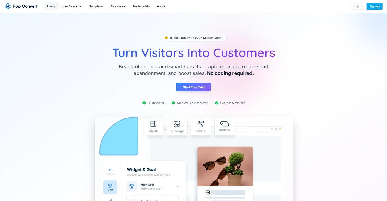 Pop Convert homepage showing its no-code popup builder for email capture, cart recovery, and sales campaigns