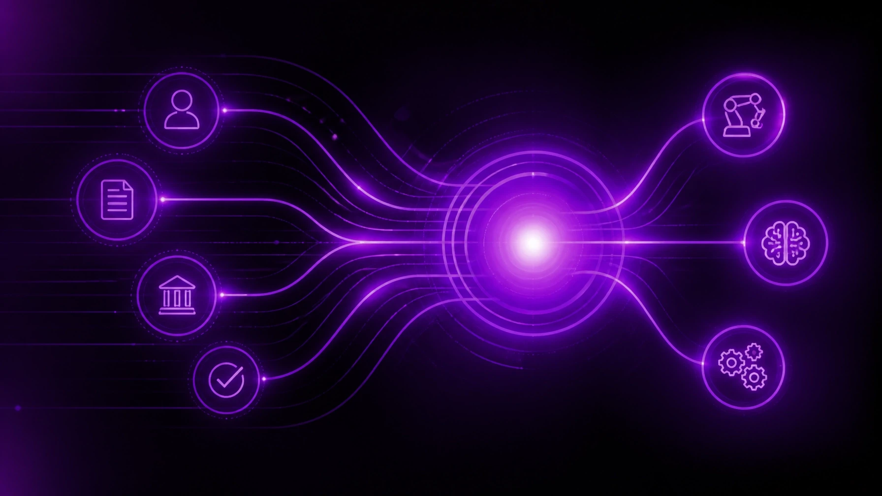 A cinematic, high-end agency style with deep blacks and electric violet/magenta accents, featuring an abstract digital illustration of Transactional Readiness with interconnected glowing purple nodes and sleek vector lines.